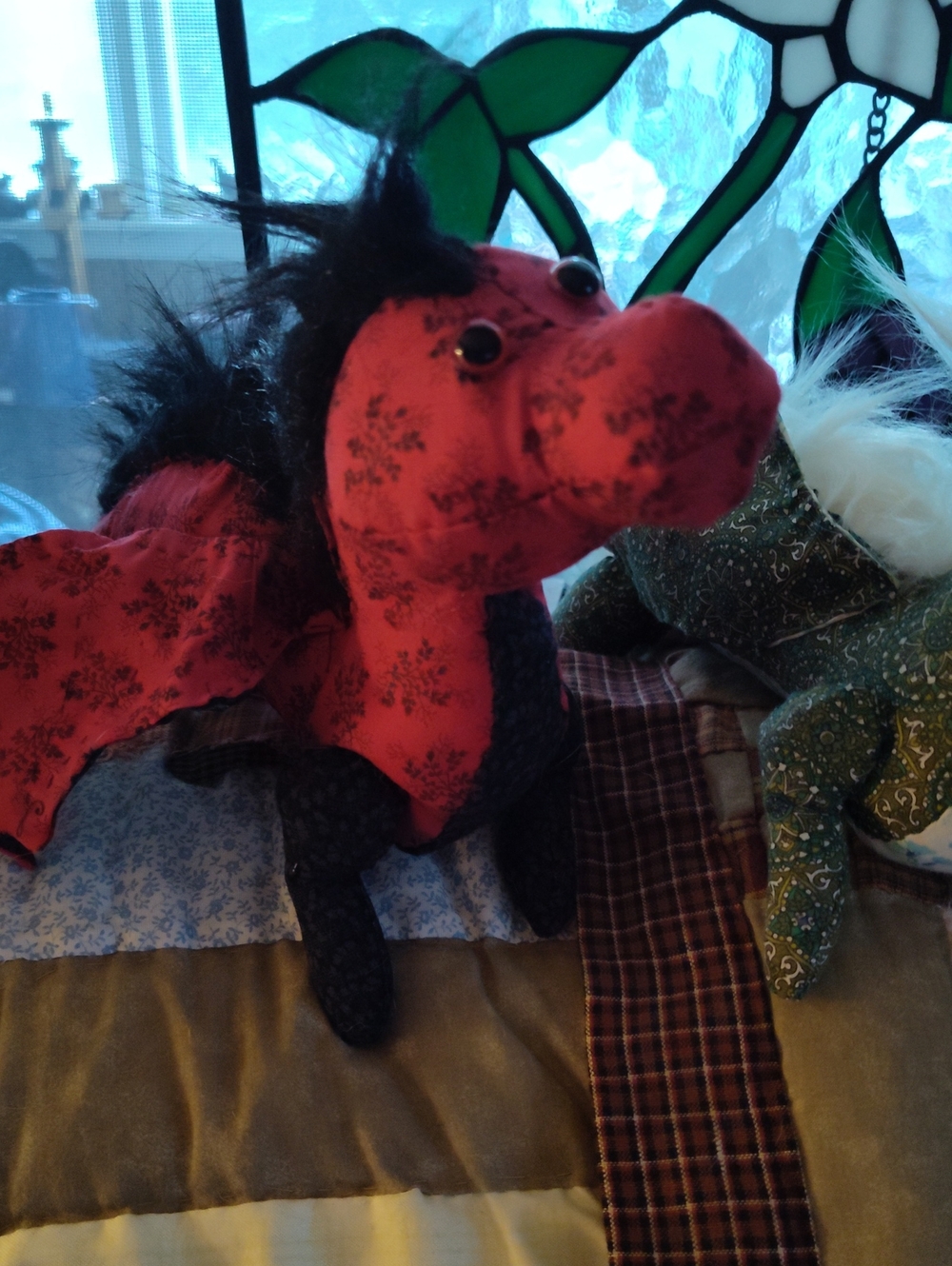 Plush Dragon Handsewn- Red Black Black Faux Fur Mohawk Red Eyes - Picture 2 of 5